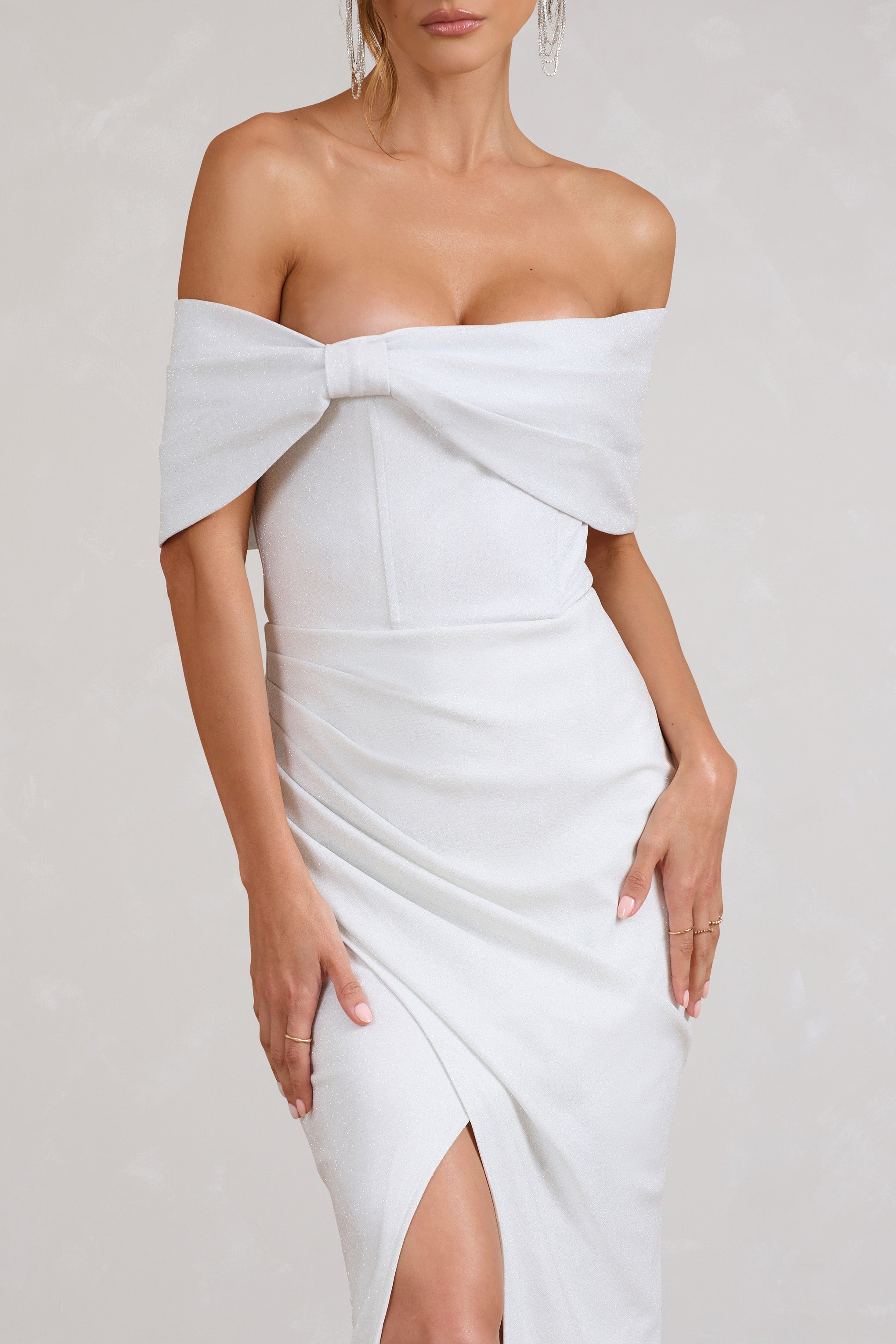 Eva White Glitter Bardot Wrap Maxi Dress-Fashionmomo.All Rights Reserved