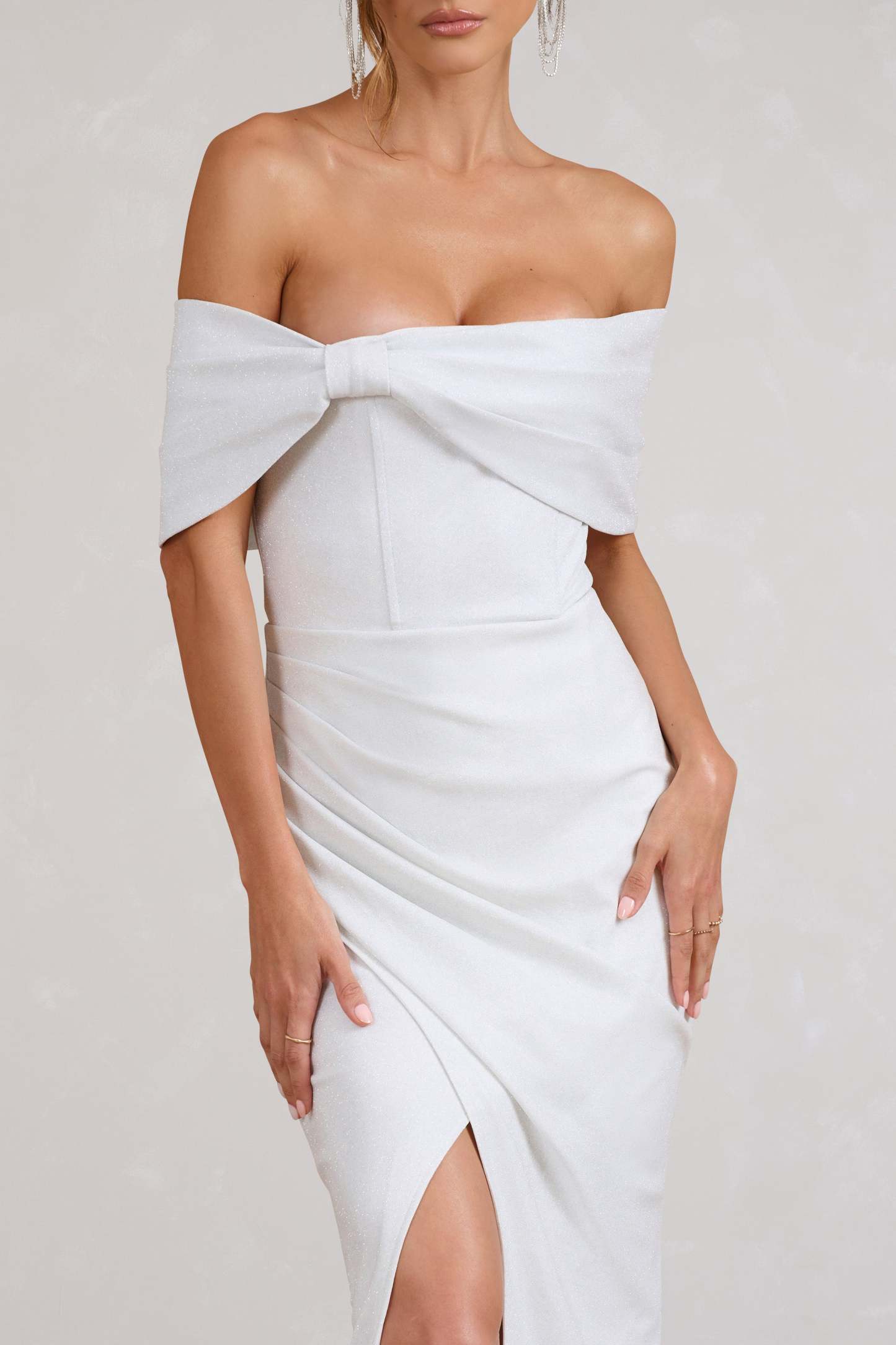 Eva White Glitter Bardot Wrap Maxi Dress-Fashionmomo.All Rights Reserved