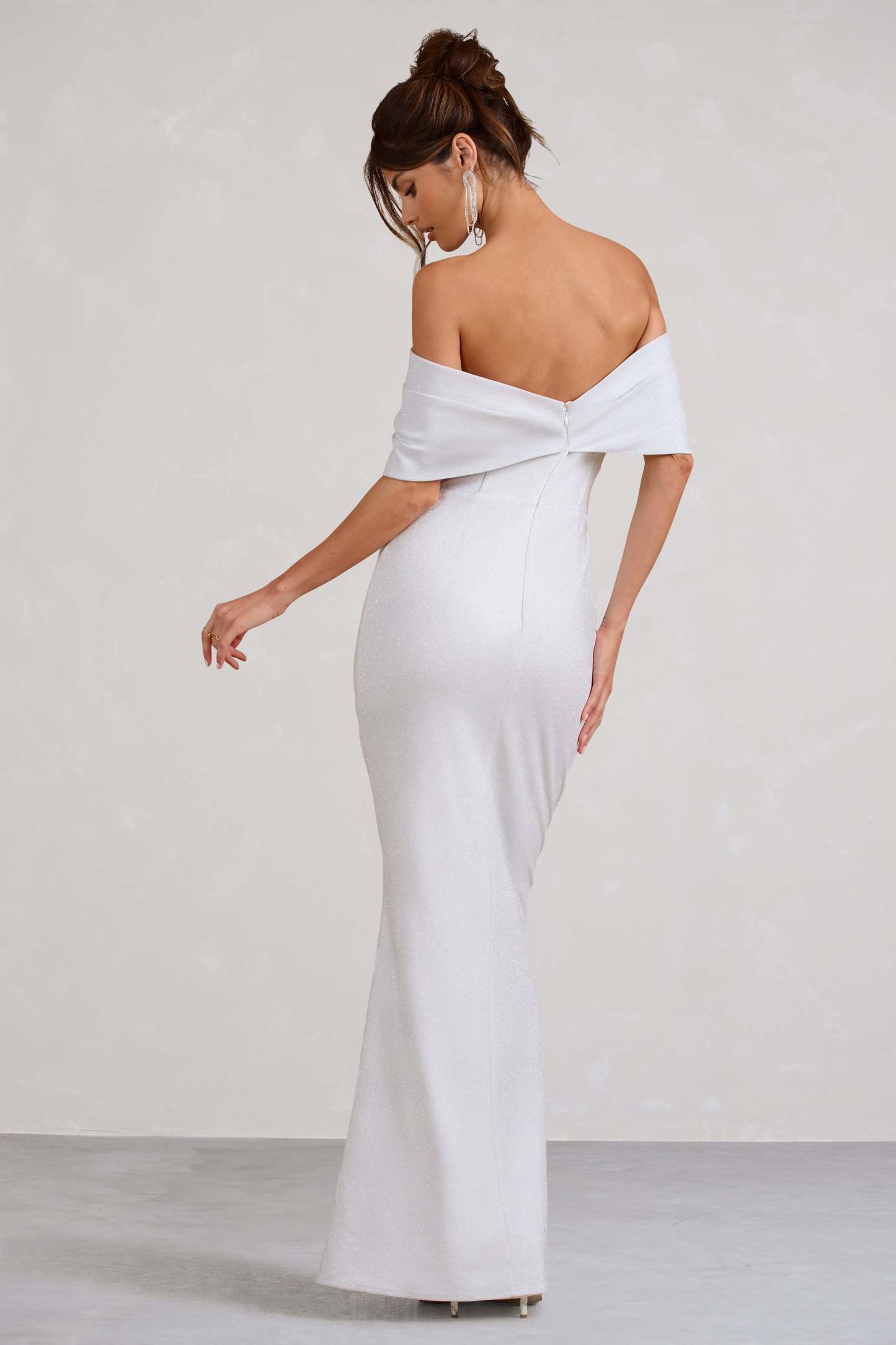 Eva White Glitter Bardot Wrap Maxi Dress-Fashionmomo.All Rights Reserved