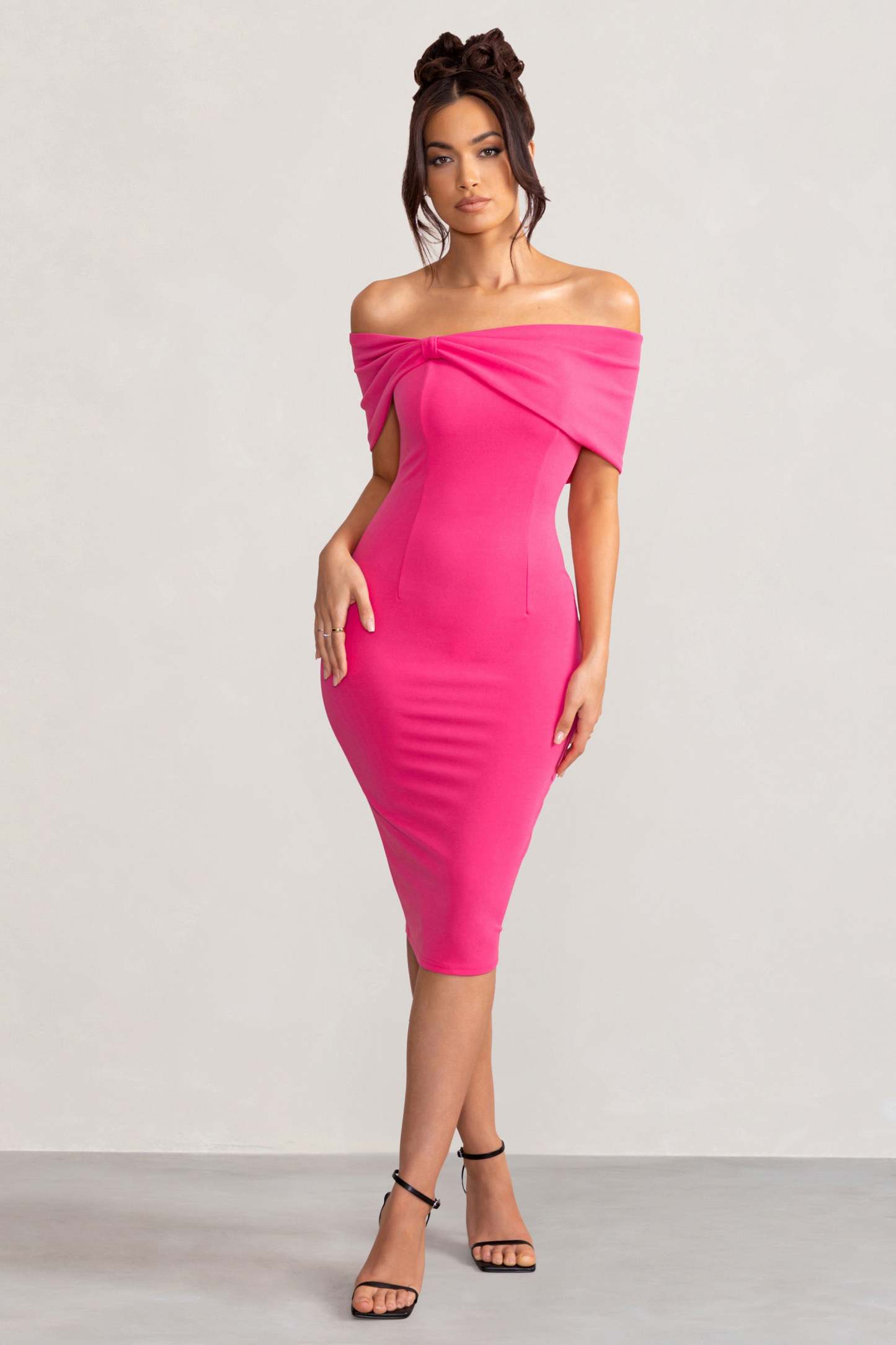 Alyssa Hot Pink Bardot Bow Detail Midi Dress-Fashionmomo.All Rights Reserved