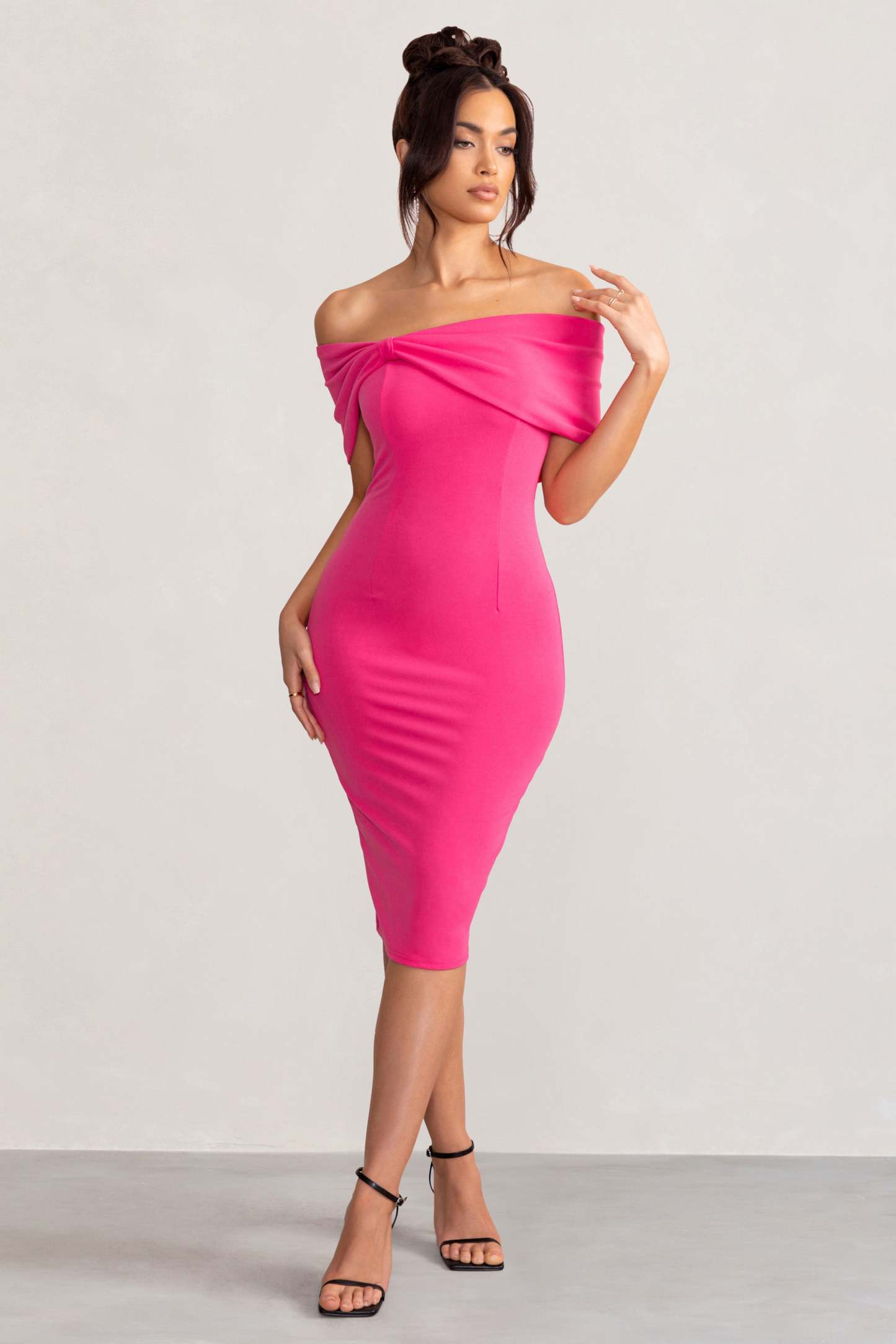 Alyssa Hot Pink Bardot Bow Detail Midi Dress-Fashionmomo.All Rights Reserved