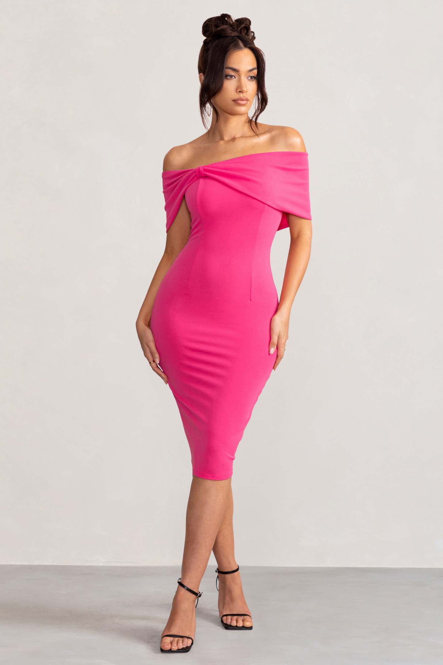 Alyssa Hot Pink Bardot Bow Detail Midi Dress-Fashionmomo.All Rights Reserved