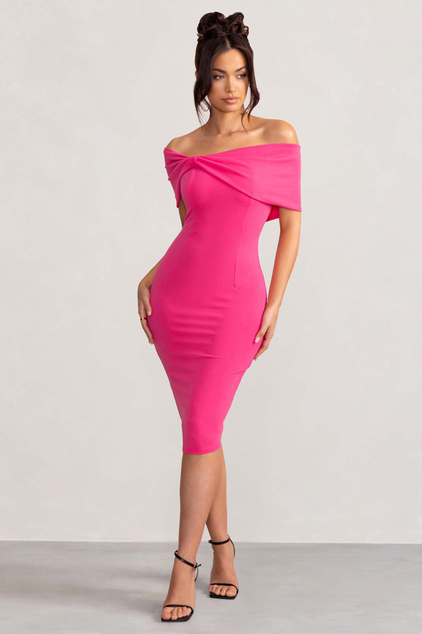Alyssa Hot Pink Bardot Bow Detail Midi Dress-Fashionmomo.All Rights Reserved