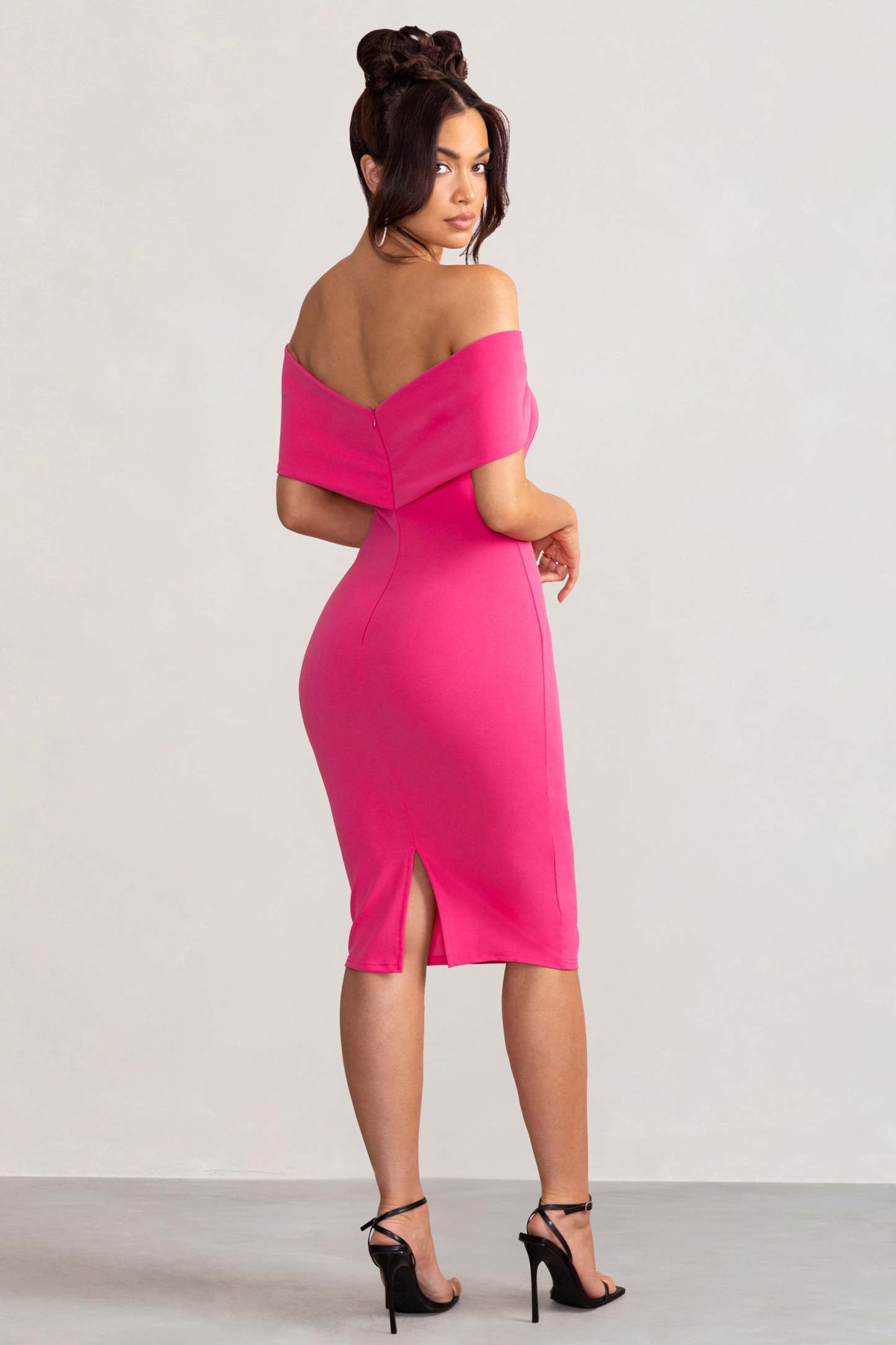 Alyssa Hot Pink Bardot Bow Detail Midi Dress-Fashionmomo.All Rights Reserved