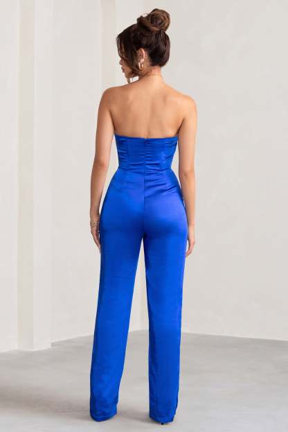 Amiah Cobalt Blue Satin Strapless Straight Leg Jumpsuit-Fashionmomo.All Rights Reserved