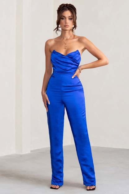 Amiah Cobalt Blue Satin Strapless Straight Leg Jumpsuit-Fashionmomo.All Rights Reserved