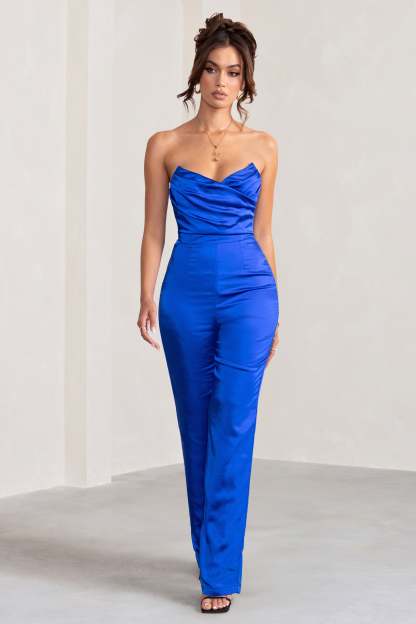 Amiah Cobalt Blue Satin Strapless Straight Leg Jumpsuit-Fashionmomo.All Rights Reserved