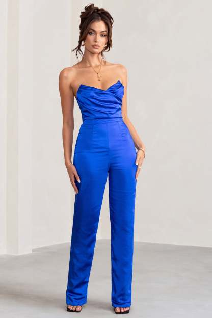 Amiah Cobalt Blue Satin Strapless Straight Leg Jumpsuit-Fashionmomo.All Rights Reserved