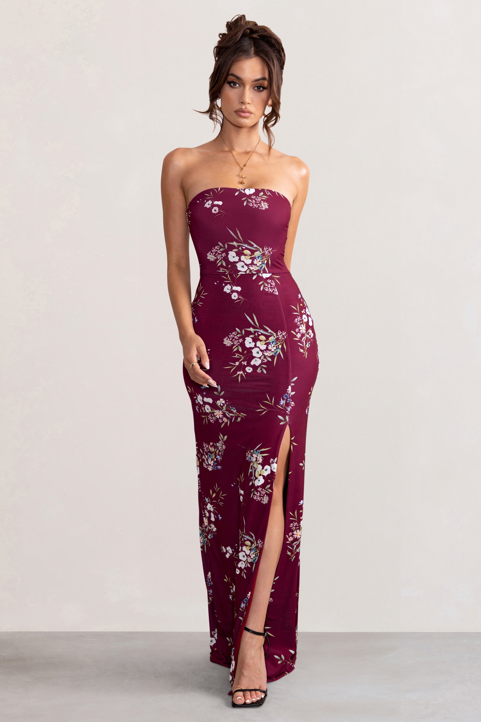 Camila Burgundy Floral Print Strapless Maxi Dress With Thigh Split-Fashionmomo.All Rights Reserved