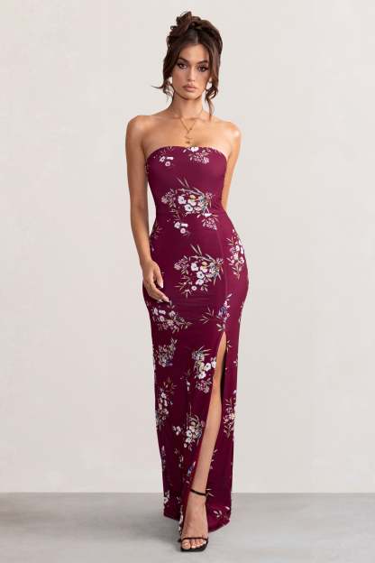 Camila Burgundy Floral Print Strapless Maxi Dress With Thigh Split-Fashionmomo.All Rights Reserved