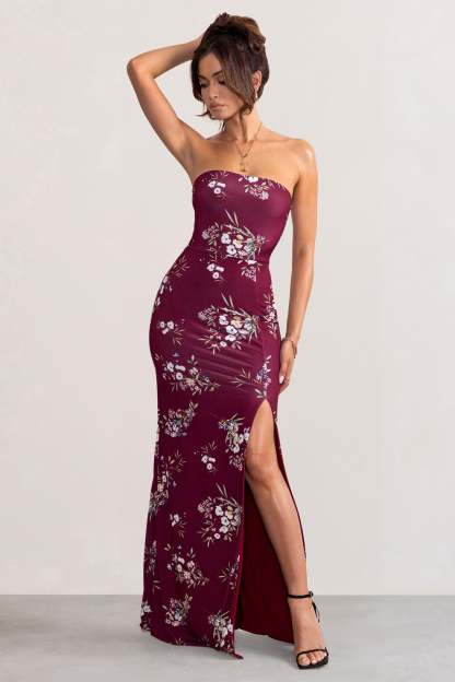 Camila Burgundy Floral Print Strapless Maxi Dress With Thigh Split-Fashionmomo.All Rights Reserved