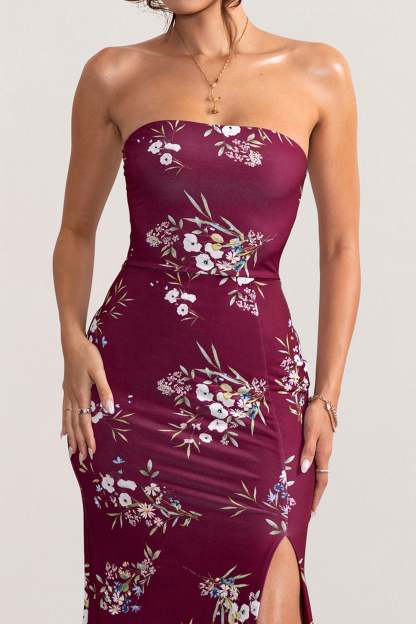 Camila Burgundy Floral Print Strapless Maxi Dress With Thigh Split-Fashionmomo.All Rights Reserved