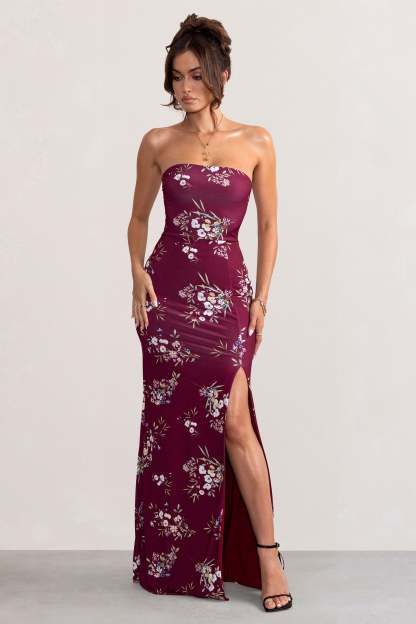 Camila Burgundy Floral Print Strapless Maxi Dress With Thigh Split-Fashionmomo.All Rights Reserved