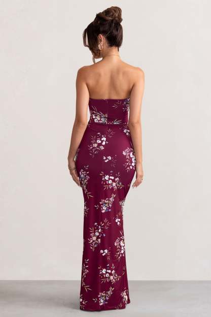 Camila Burgundy Floral Print Strapless Maxi Dress With Thigh Split-Fashionmomo.All Rights Reserved