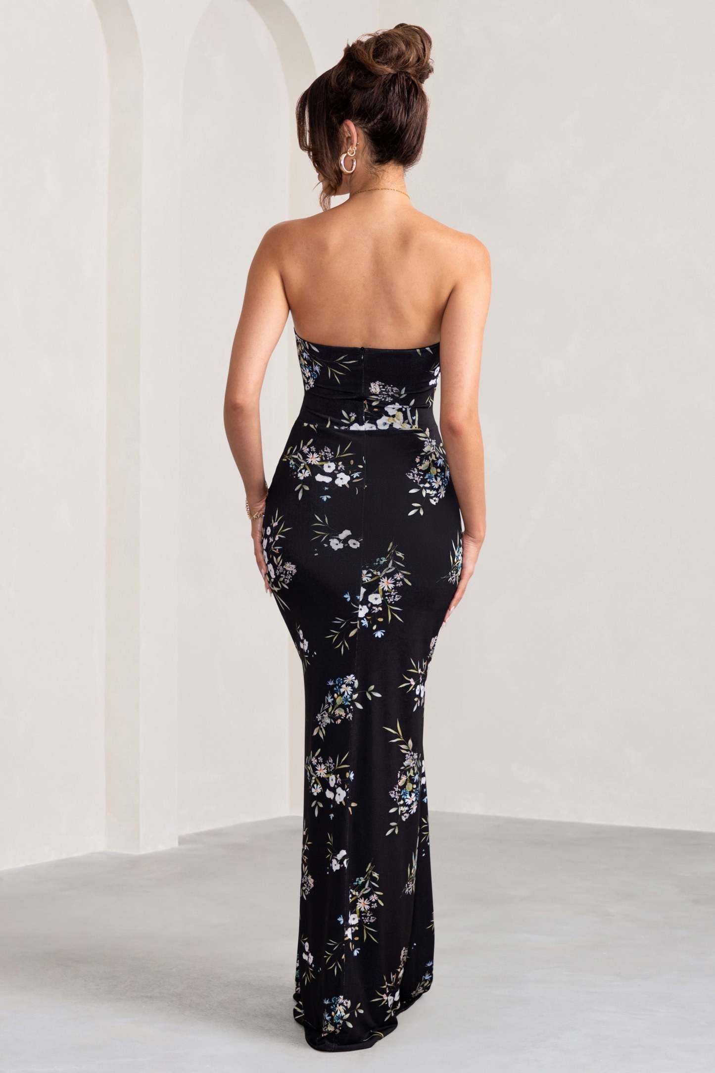 Camila Black Floral Print Strapless Maxi Dress With Thigh Split-Fashionmomo.All Rights Reserved