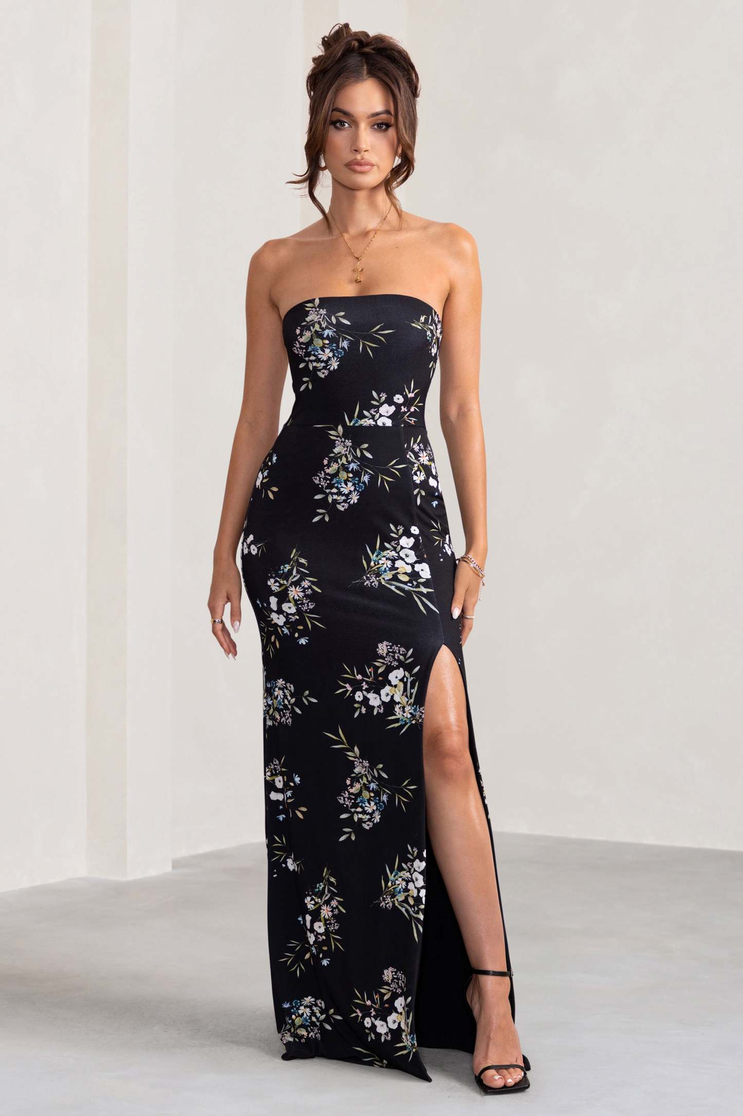 Camila Black Floral Print Strapless Maxi Dress With Thigh Split-Fashionmomo.All Rights Reserved