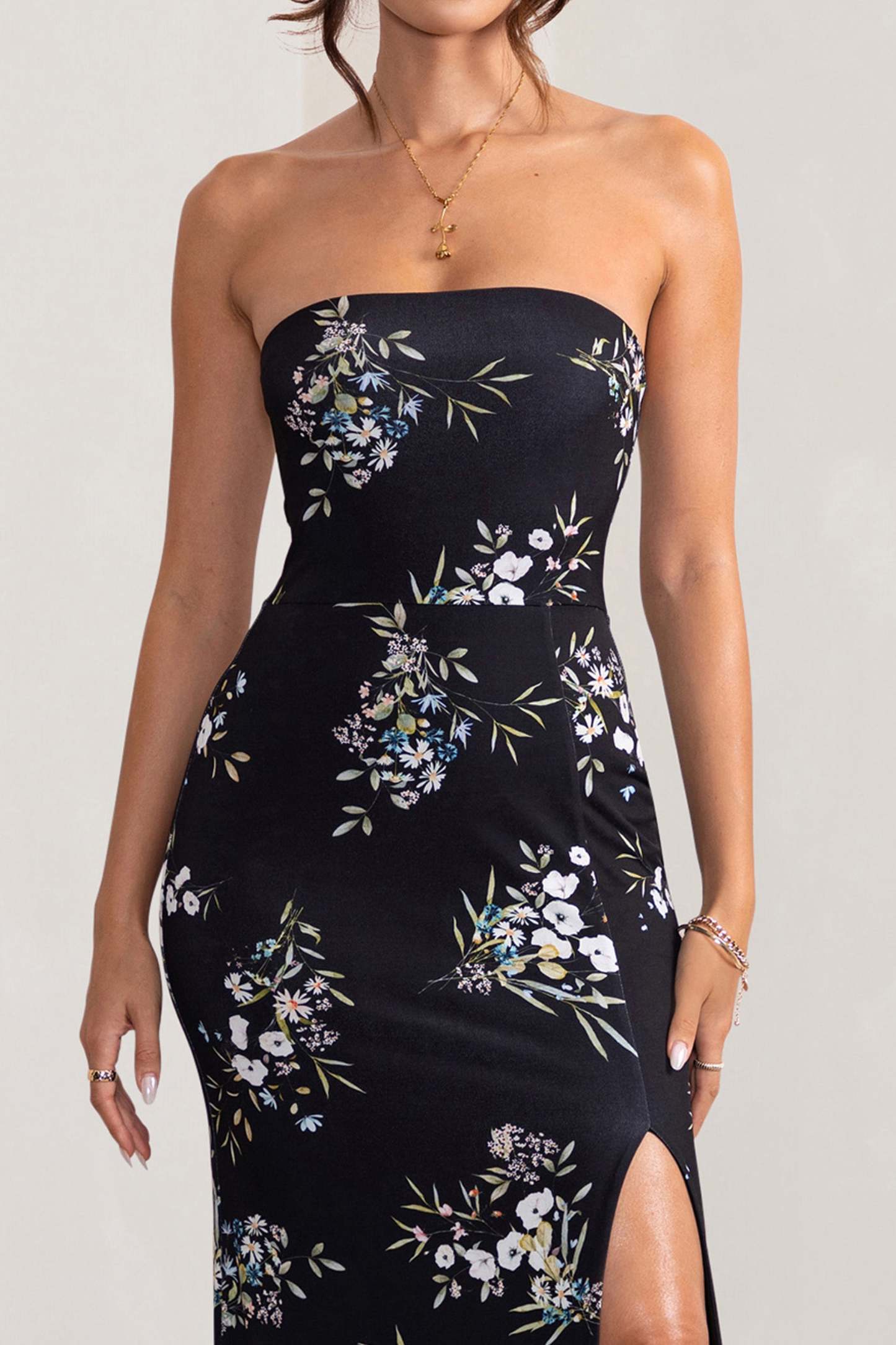 Camila Black Floral Print Strapless Maxi Dress With Thigh Split-Fashionmomo.All Rights Reserved