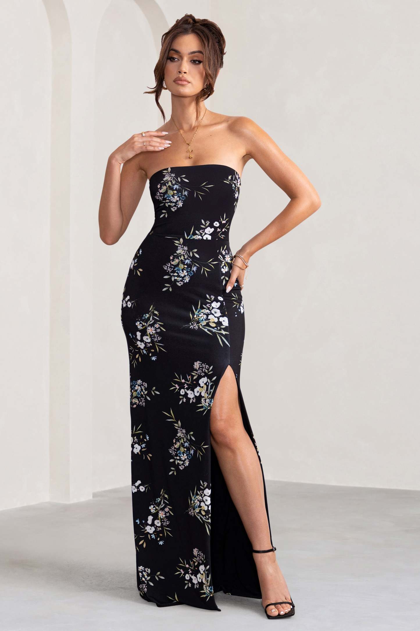 Camila Black Floral Print Strapless Maxi Dress With Thigh Split-Fashionmomo.All Rights Reserved