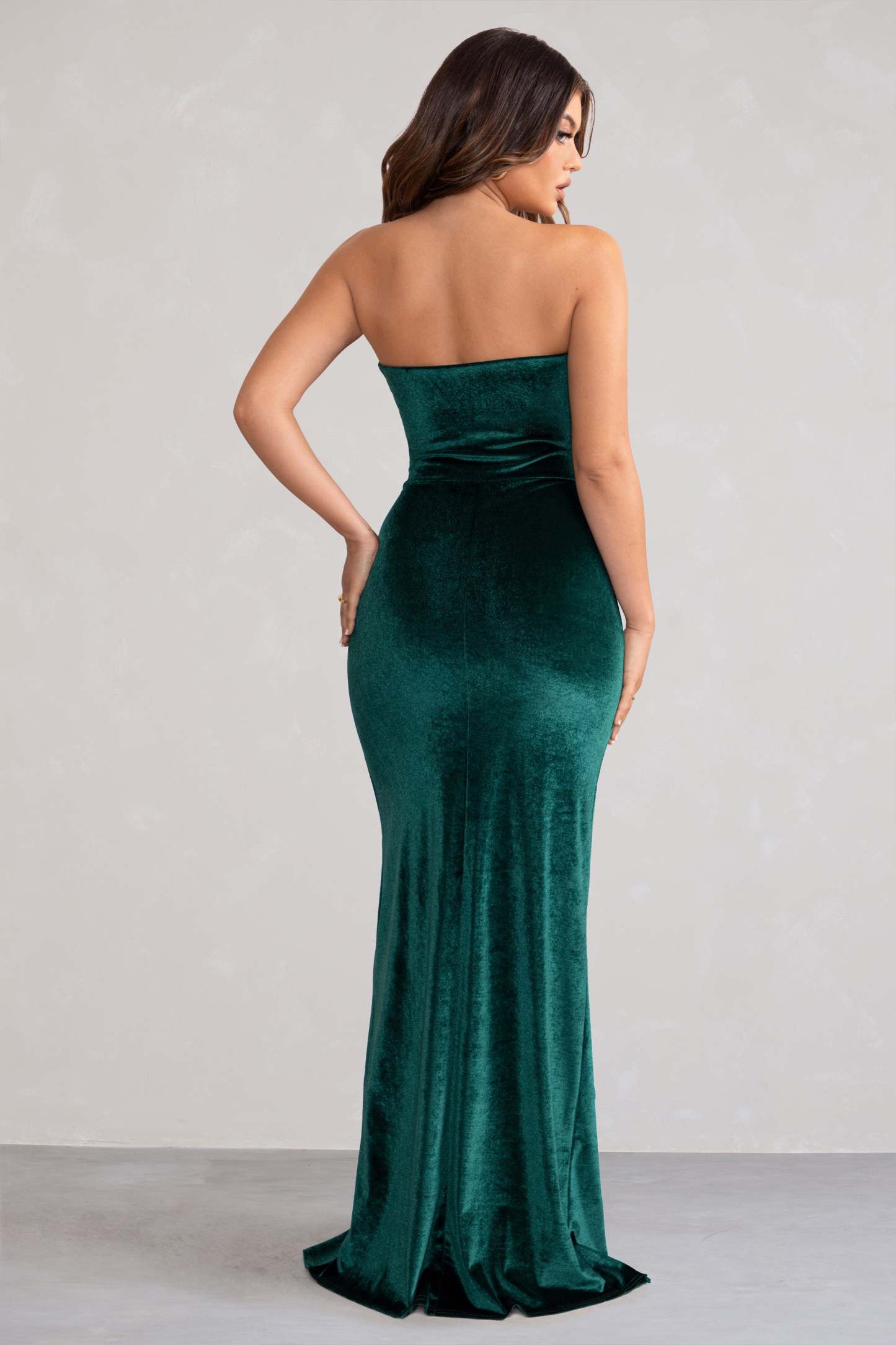 Belle Of The Ball Bottle Green Velvet Bandeau Maxi Dress With Split Hem-Fashionmomo.All Rights Reserved