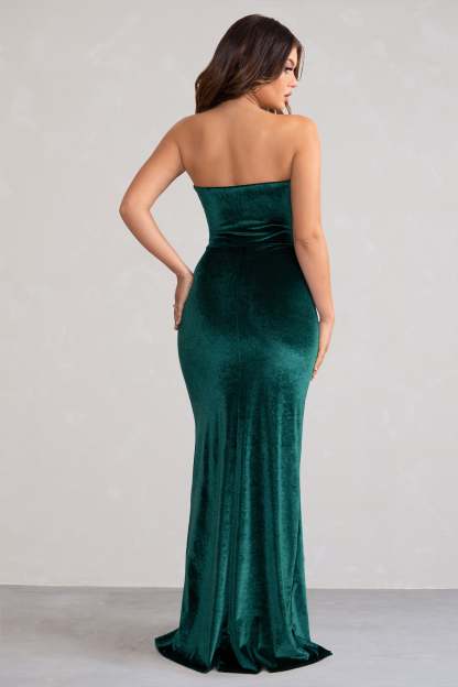 Belle Of The Ball Bottle Green Velvet Bandeau Maxi Dress With Split Hem-Fashionmomo.All Rights Reserved