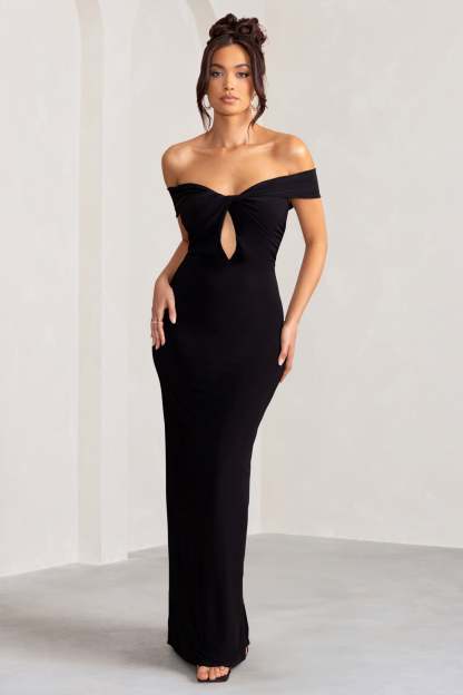Arella Black One Shoulder Twist Front Maxi Dress-Fashionmomo.All Rights Reserved