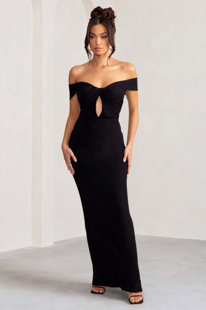 Arella Black One Shoulder Twist Front Maxi Dress-Fashionmomo.All Rights Reserved