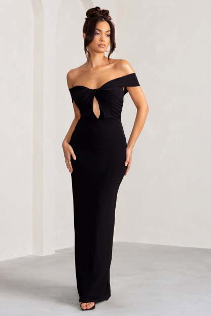 Arella Black One Shoulder Twist Front Maxi Dress-Fashionmomo.All Rights Reserved