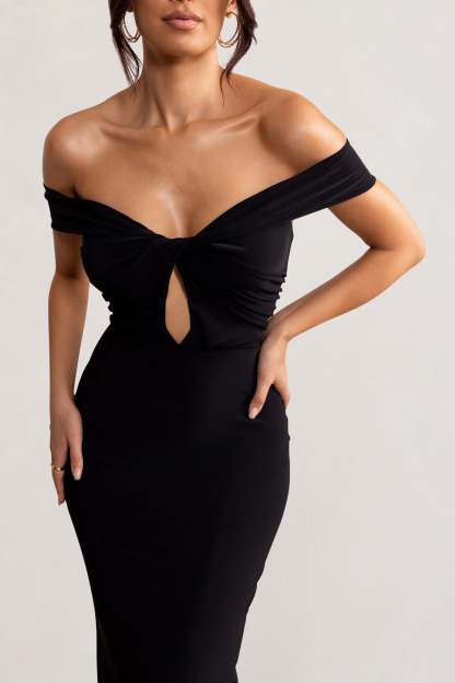 Arella Black One Shoulder Twist Front Maxi Dress-Fashionmomo.All Rights Reserved