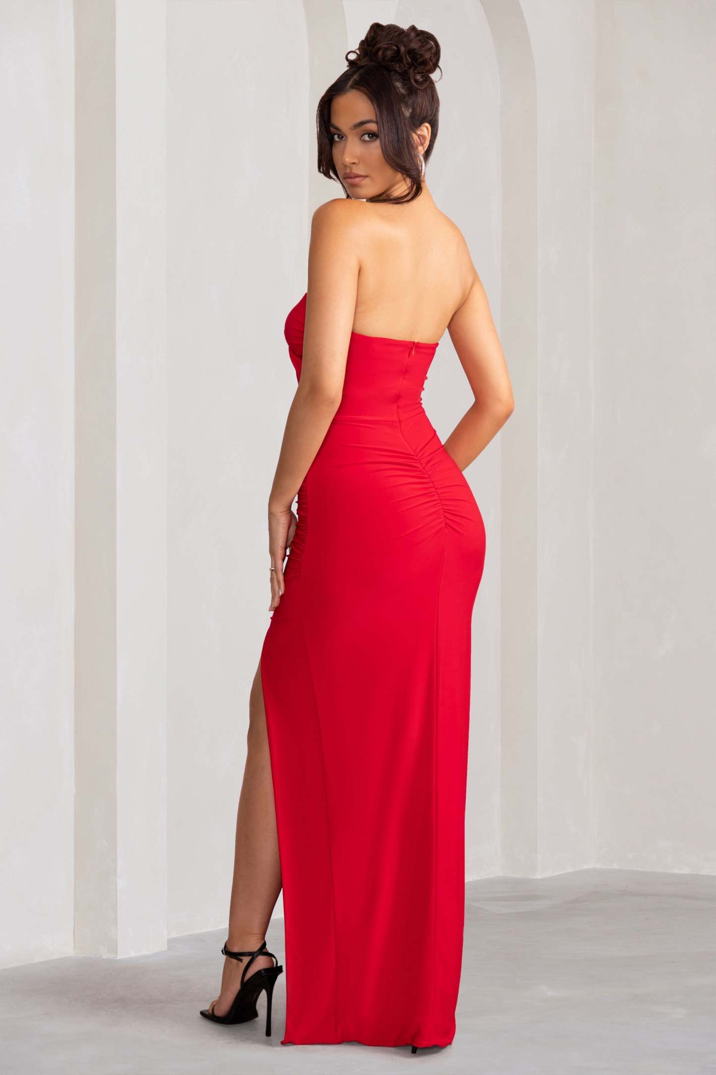 Florencia Red Sweetheart Bandeau Neckline Maxi Dress With Front Drape Detail-Fashionmomo.All Rights Reserved