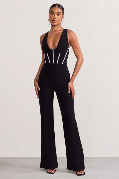 Alison Black Plunge Corset Jumpsuit With Diamante Trim Detail-Fashionmomo.All Rights Reserved