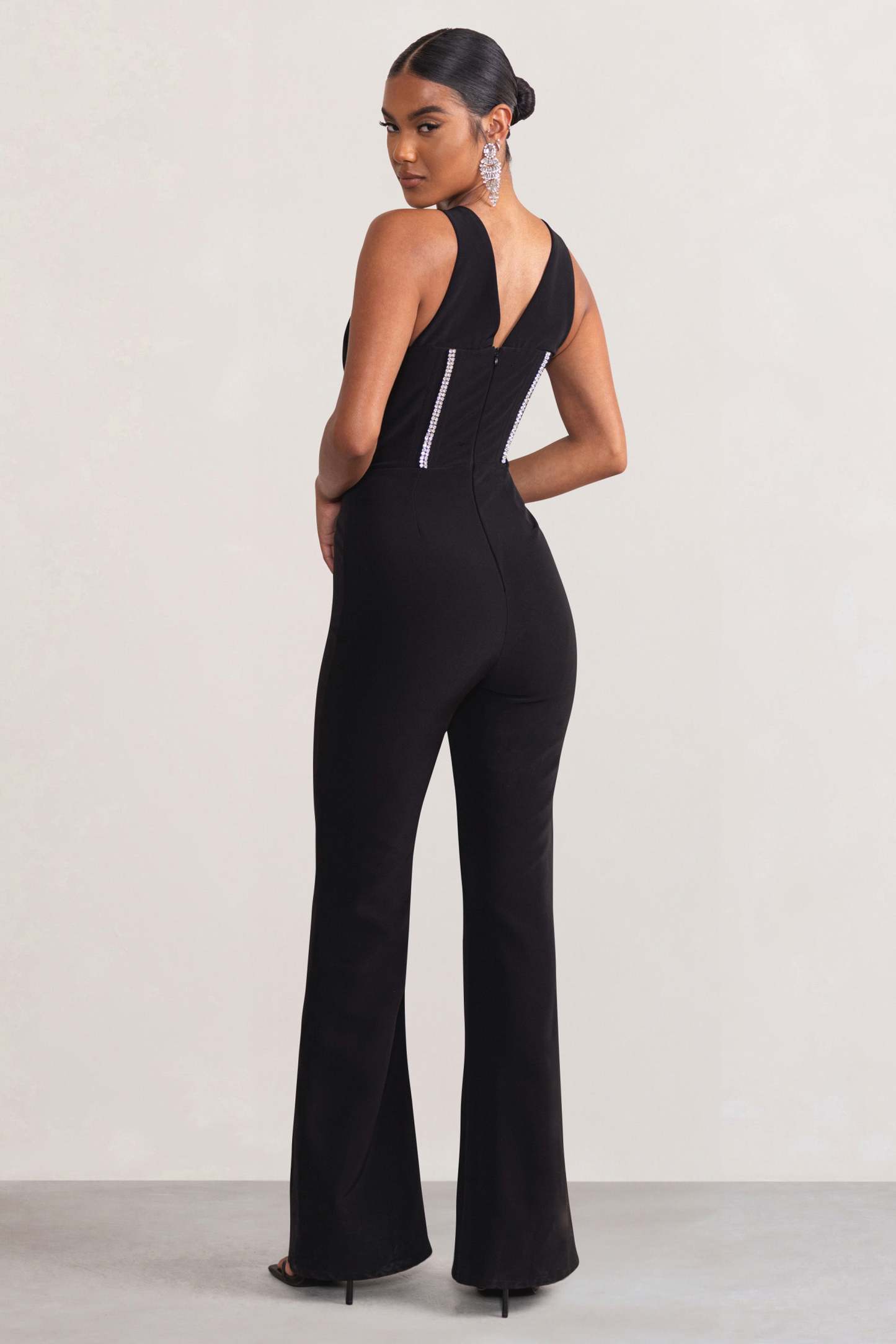 Alison Black Plunge Corset Jumpsuit With Diamante Trim Detail-Fashionmomo.All Rights Reserved