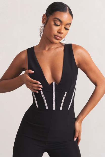 Alison Black Plunge Corset Jumpsuit With Diamante Trim Detail-Fashionmomo.All Rights Reserved