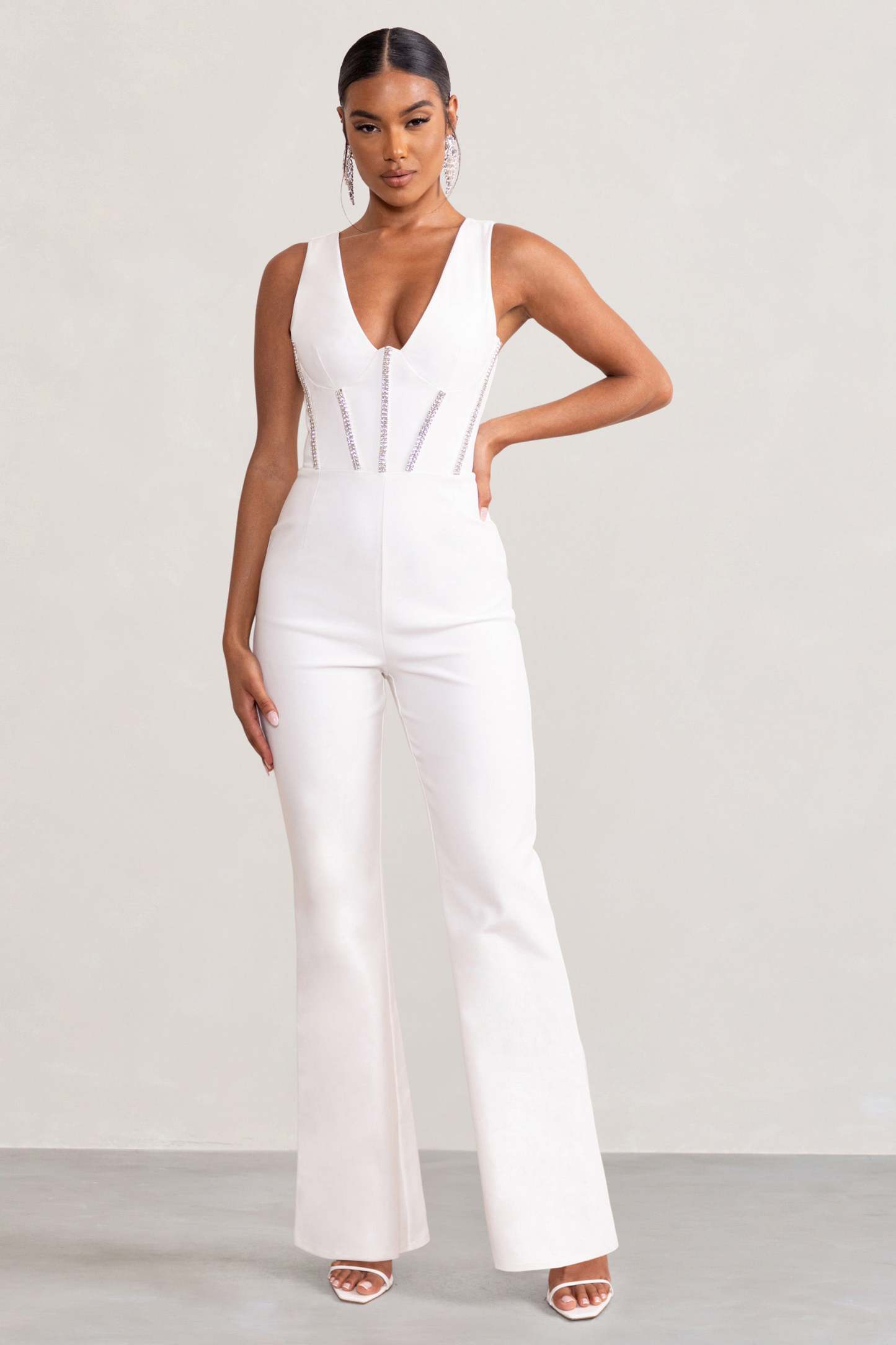Alison White Shaped Corset Jumpsuit With Diamante Trim Detail-Fashionmomo.All Rights Reserved