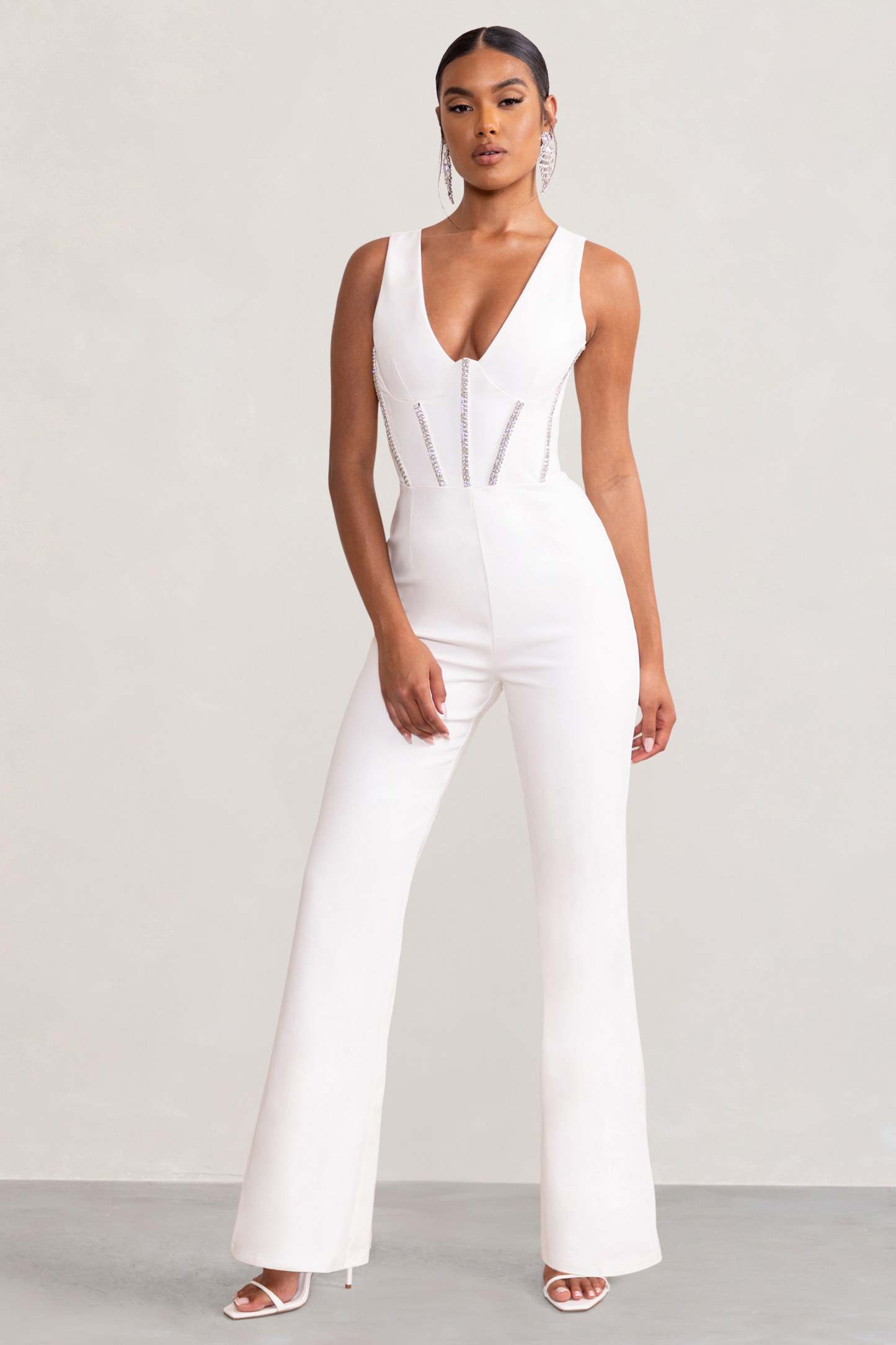 Alison White Shaped Corset Jumpsuit With Diamante Trim Detail-Fashionmomo.All Rights Reserved