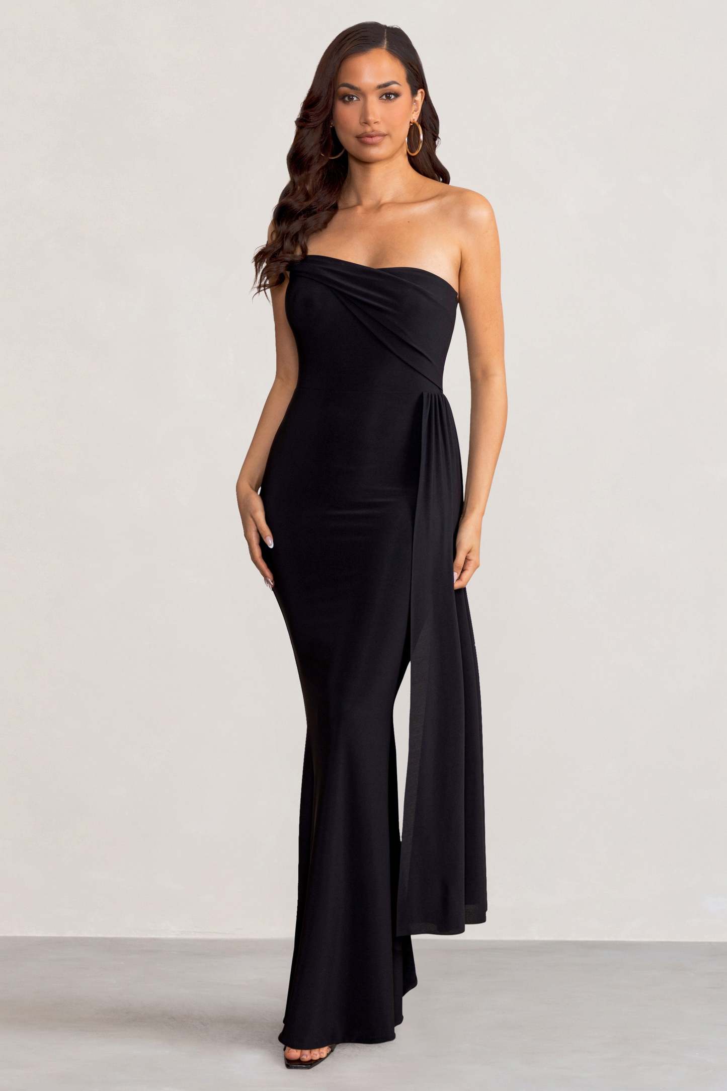 Aaliyah Black Asymmetric Bardot Maxi Dress with Drape-Fashionmomo.All Rights Reserved