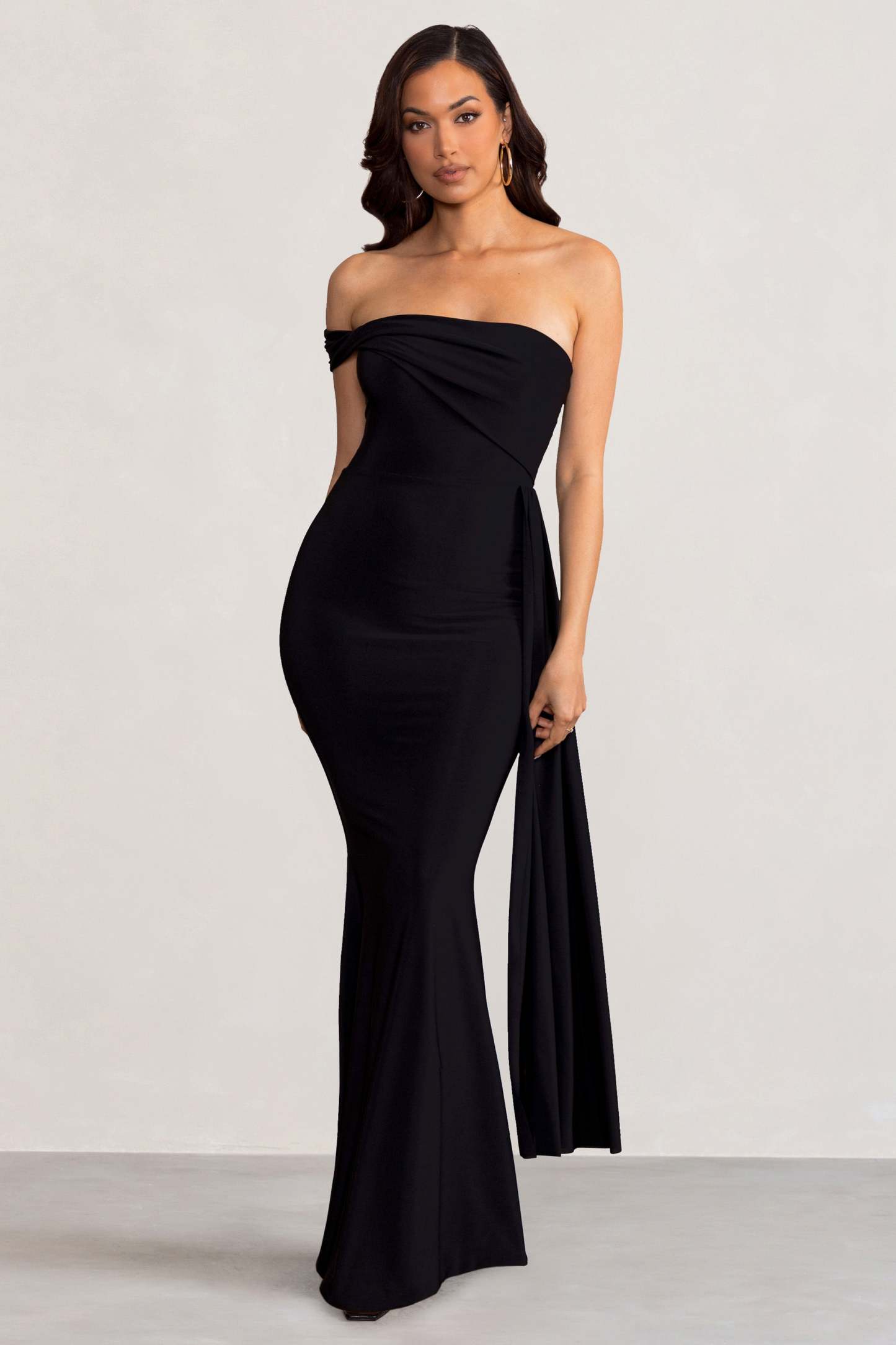 Aaliyah Black Asymmetric Bardot Maxi Dress with Drape-Fashionmomo.All Rights Reserved