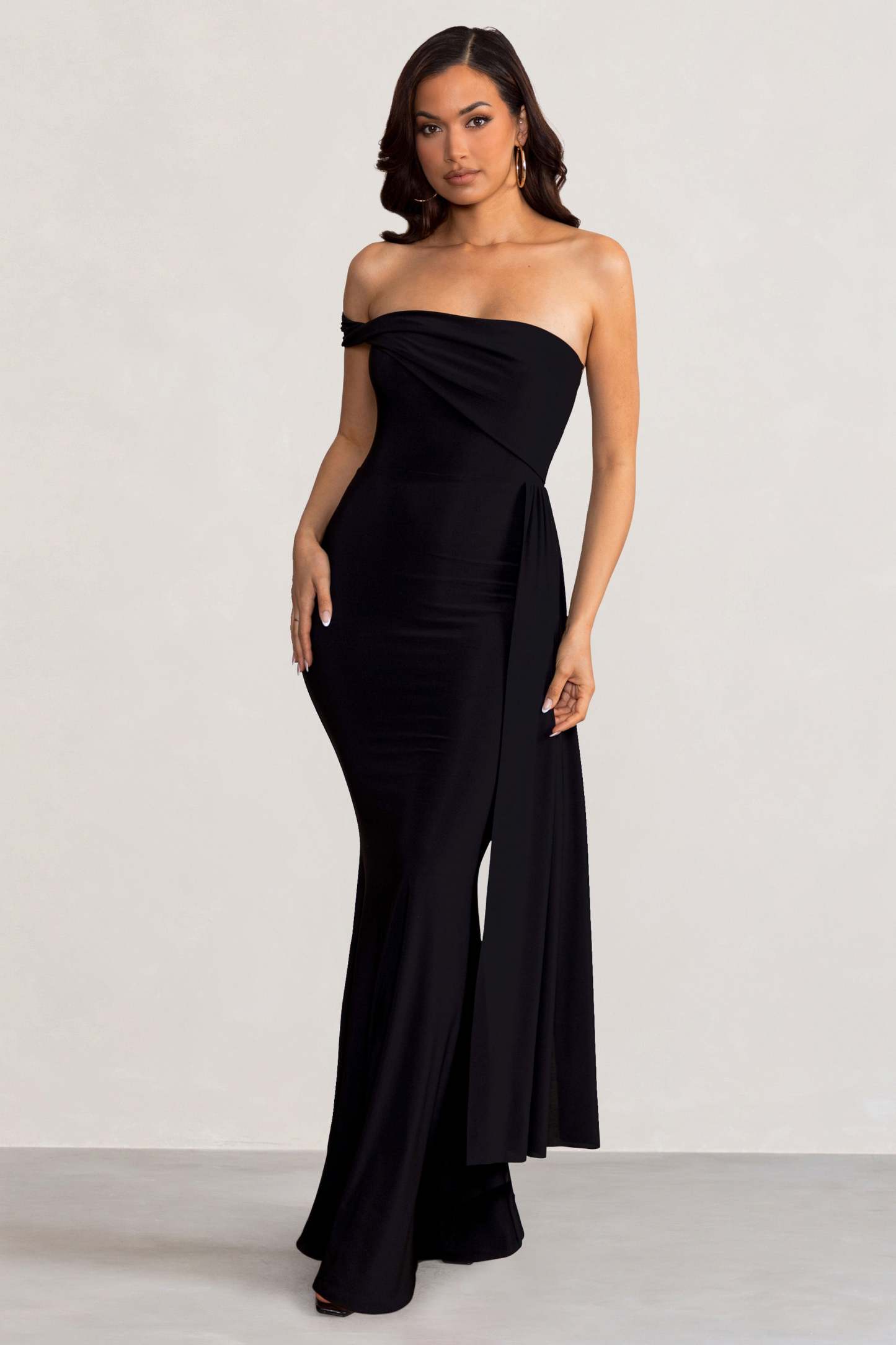 Aaliyah Black Asymmetric Bardot Maxi Dress with Drape-Fashionmomo.All Rights Reserved