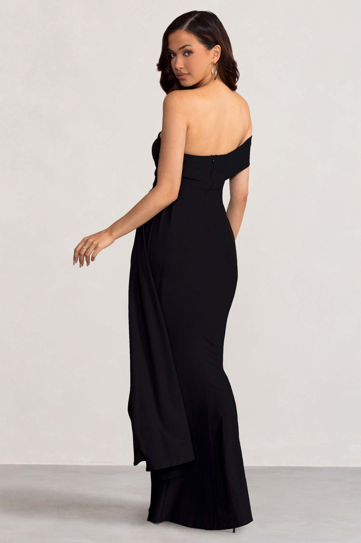 Aaliyah Black Asymmetric Bardot Maxi Dress with Drape-Fashionmomo.All Rights Reserved