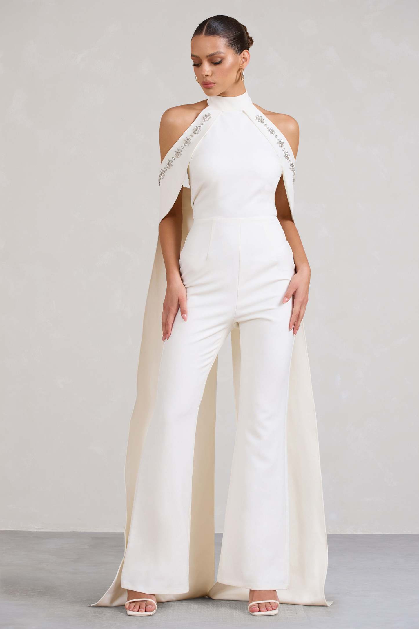 Angel White High Neck Jumpsuit with Cold Shoulder Cape Sleeves-Fashionmomo.All Rights Reserved