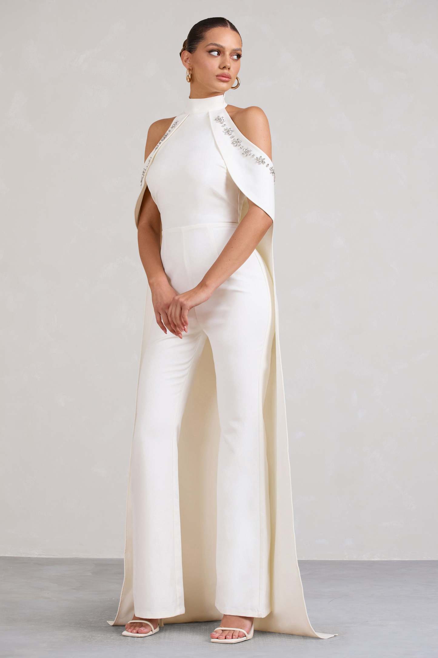 Angel White High Neck Jumpsuit with Cold Shoulder Cape Sleeves-Fashionmomo.All Rights Reserved