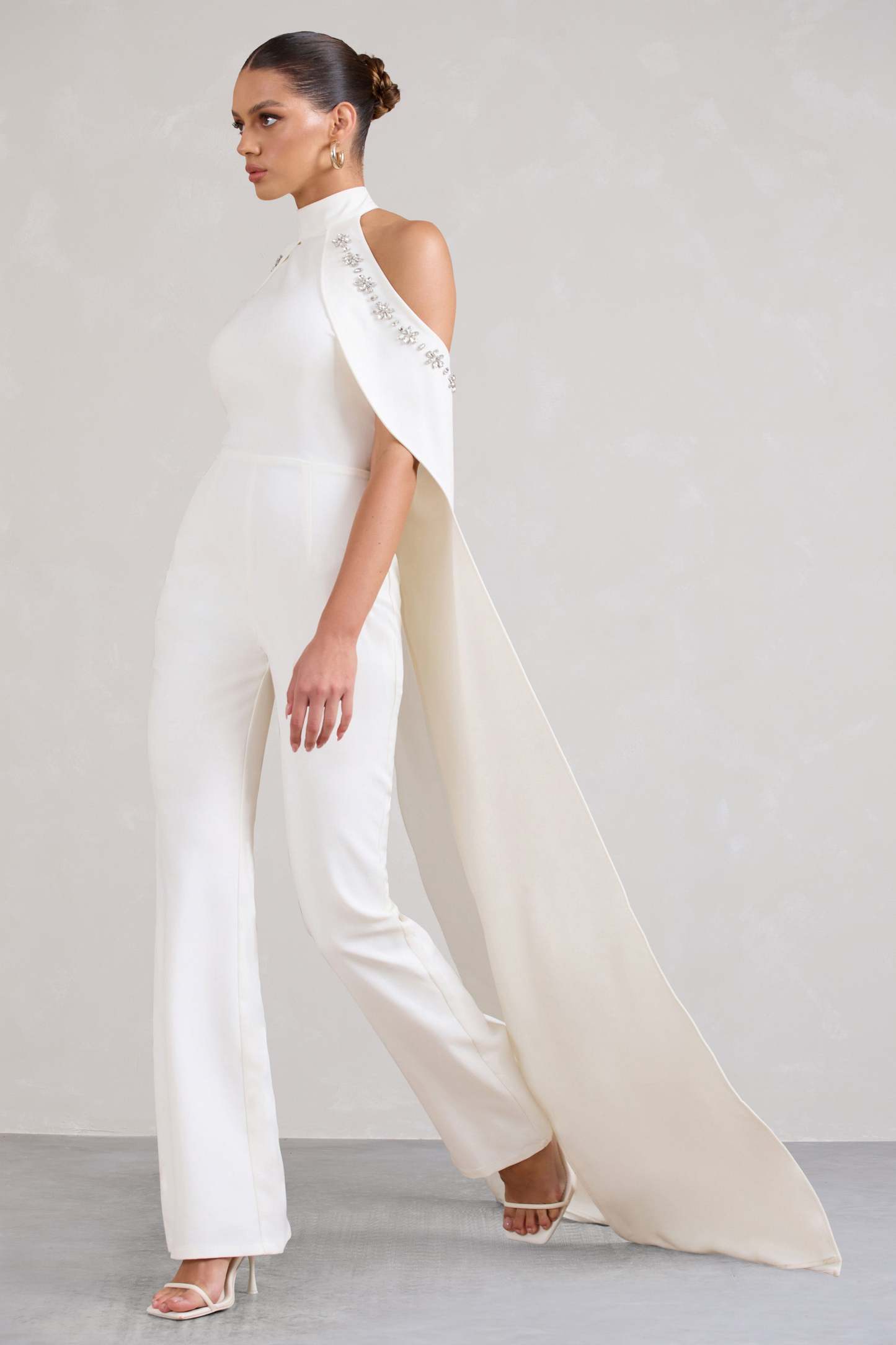 Angel White High Neck Jumpsuit with Cold Shoulder Cape Sleeves-Fashionmomo.All Rights Reserved