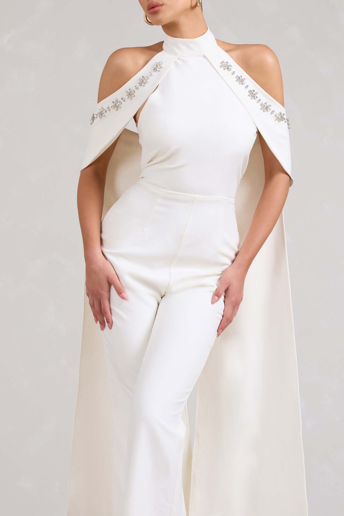 Angel White High Neck Jumpsuit with Cold Shoulder Cape Sleeves-Fashionmomo.All Rights Reserved