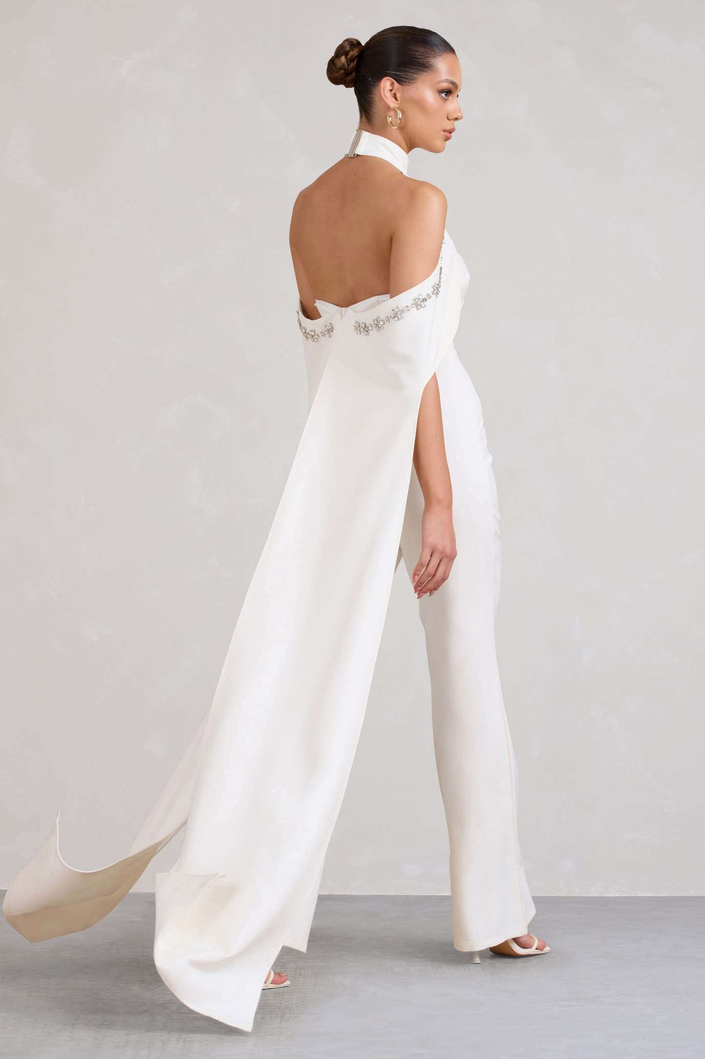 Angel White High Neck Jumpsuit with Cold Shoulder Cape Sleeves-Fashionmomo.All Rights Reserved