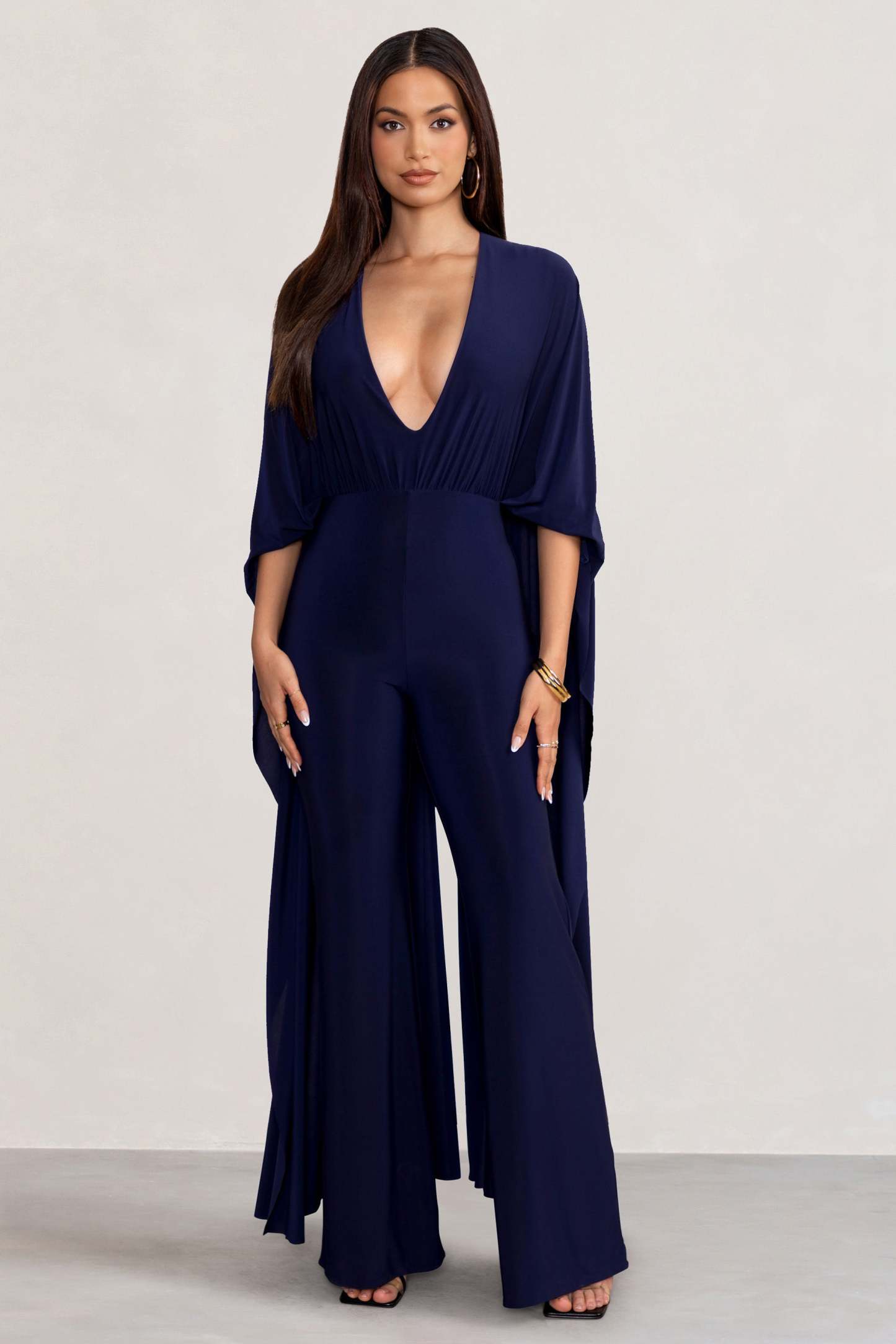 Anais Navy Plunge Jumpsuit with Cape-Fashionmomo.All Rights Reserved
