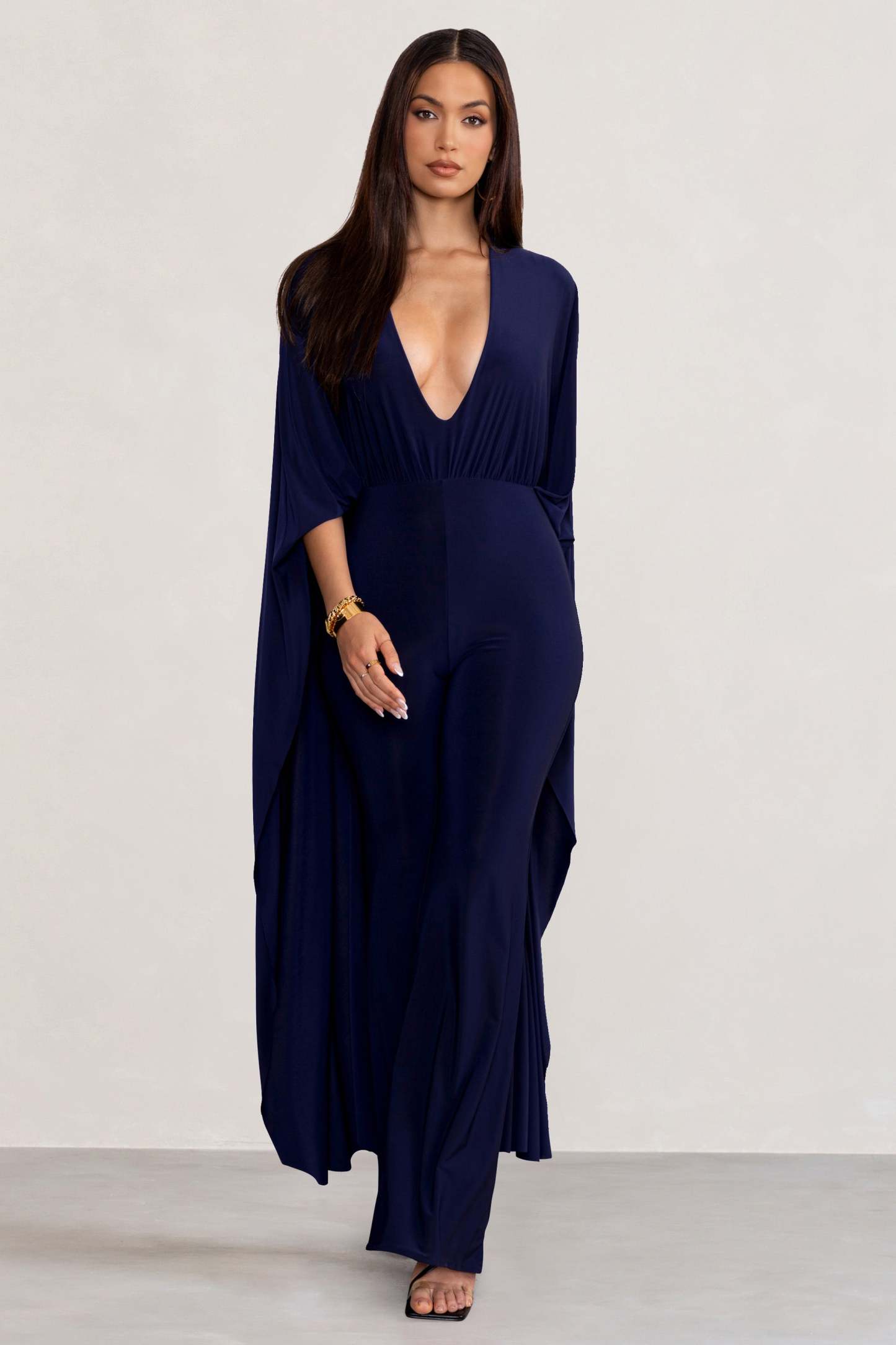 Anais Navy Plunge Jumpsuit with Cape-Fashionmomo.All Rights Reserved