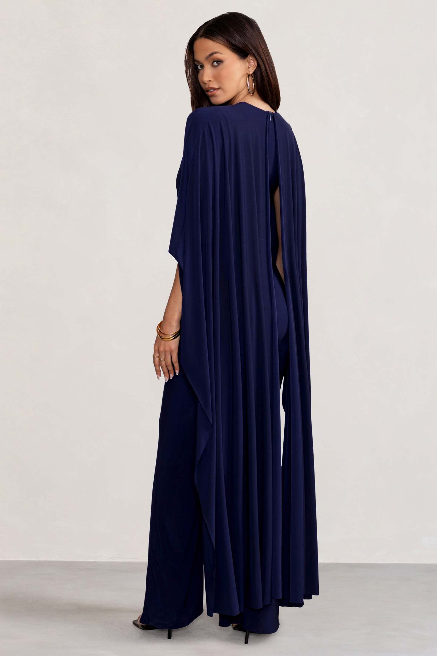 Anais Navy Plunge Jumpsuit with Cape-Fashionmomo.All Rights Reserved