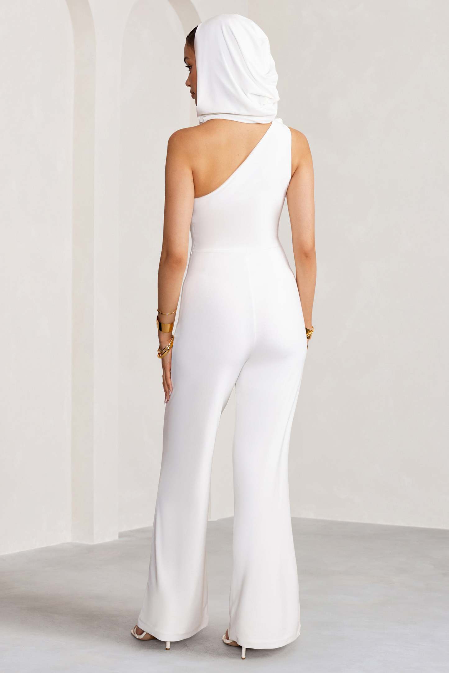 Carolina White Asymmetric Jumpsuit with Hood-Fashionmomo.All Rights Reserved