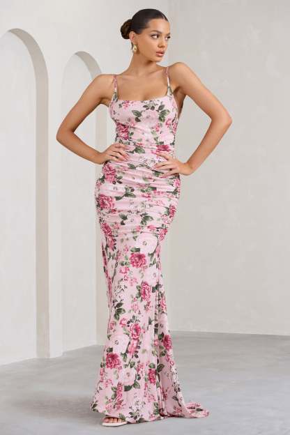 Adele Pink Floral Print Backless Ruched Fishtail Cami Maxi Dress-Fashionmomo.All Rights Reserved