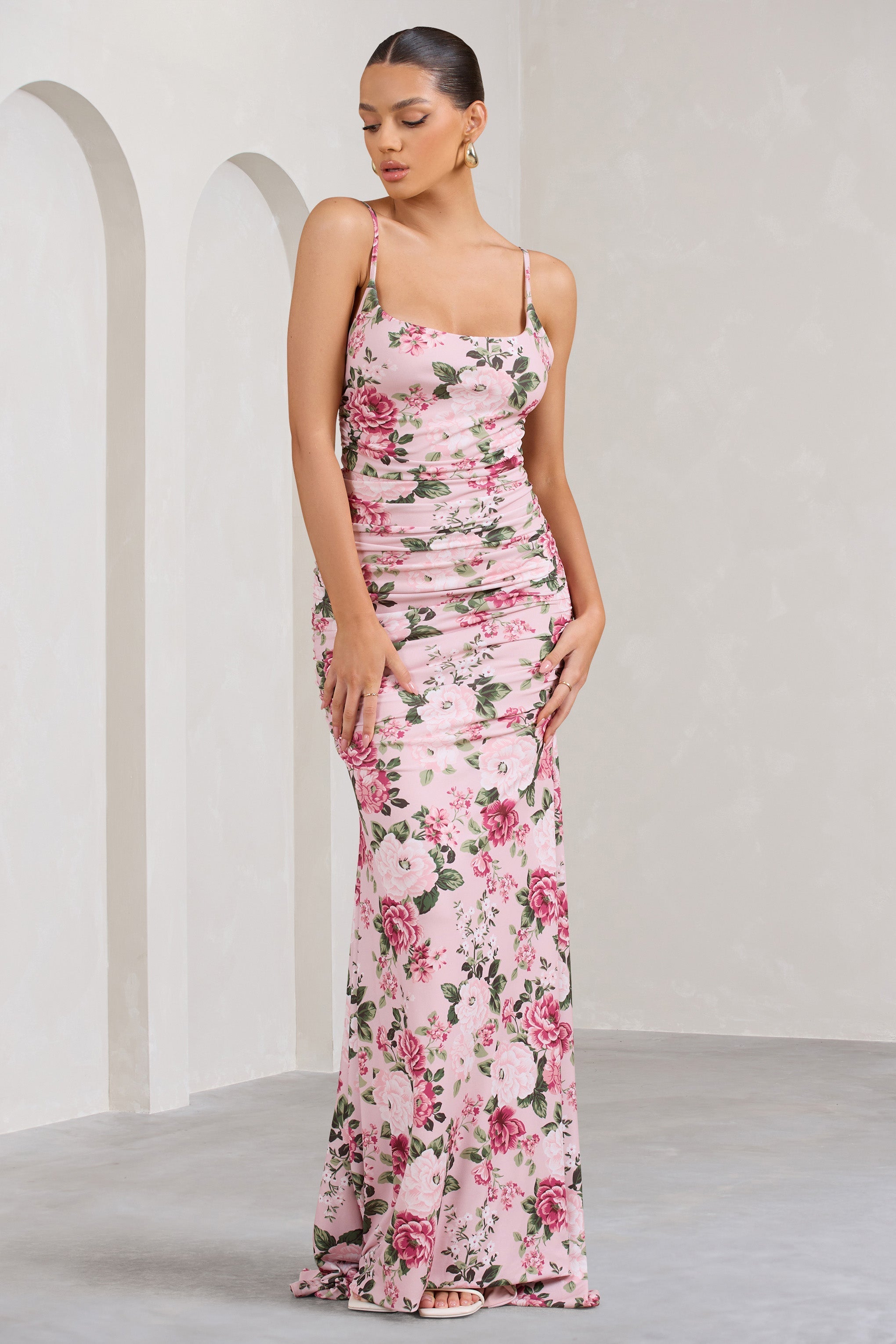 Adele Pink Floral Print Backless Ruched Fishtail Cami Maxi Dress-Fashionmomo.All Rights Reserved