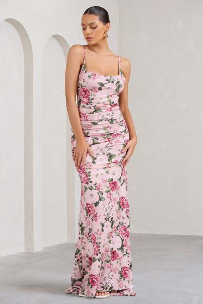Adele Pink Floral Print Backless Ruched Fishtail Cami Maxi Dress-Fashionmomo.All Rights Reserved